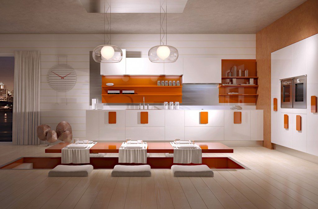 turuncu beyaz yemek odası